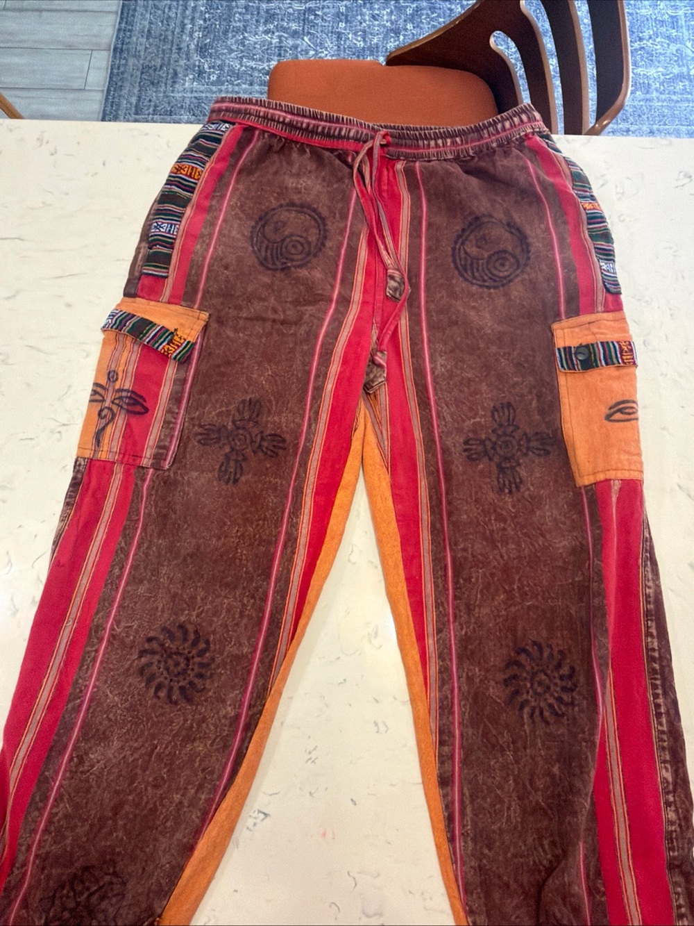 Boho Hippie Shyama Cargo Pants Nepal Yin-Yang Drawstring Elastic Waist Unisex